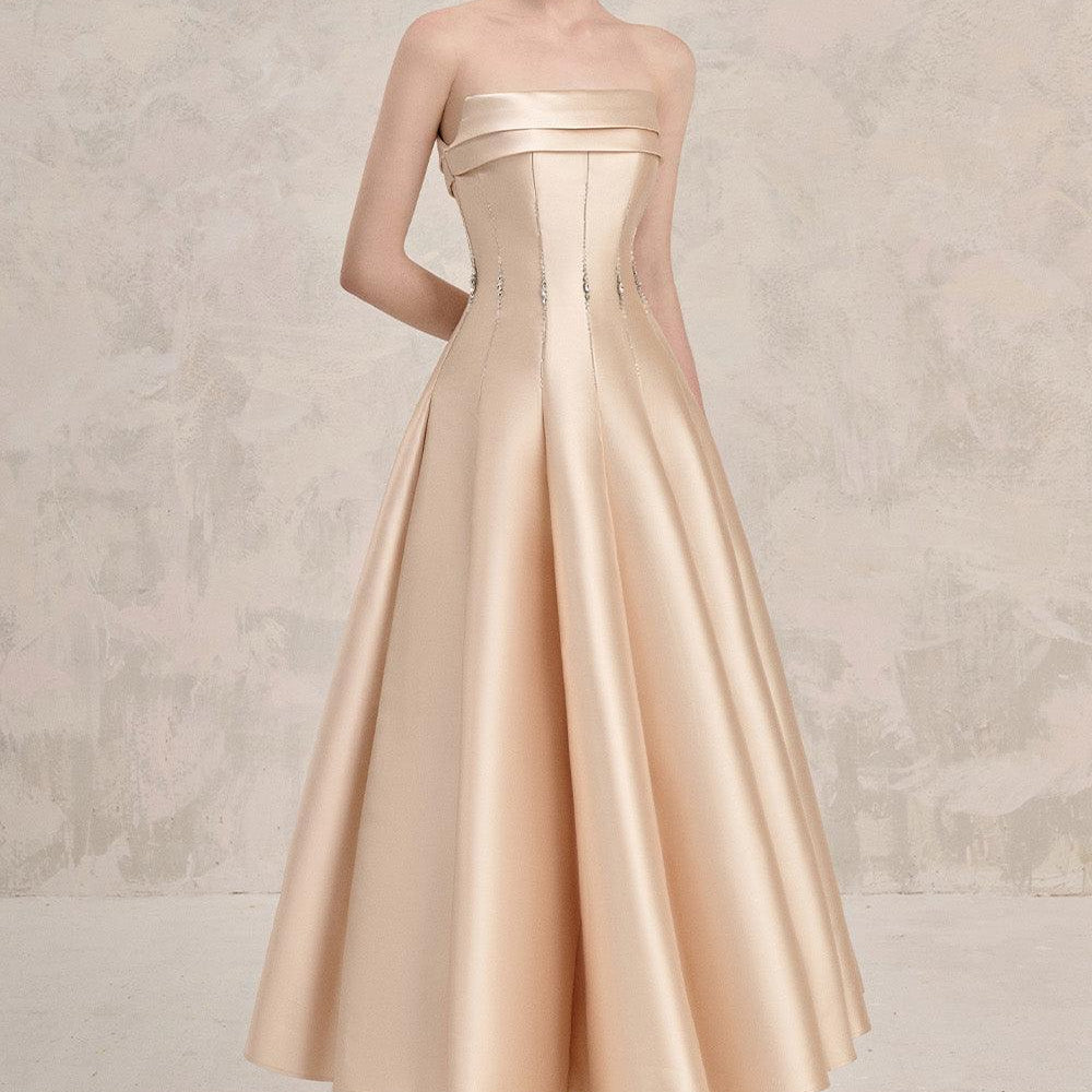 Helia Fit and Flare Straight Across Neck Taffeta Ankle Length Dress - MEAN BLVD