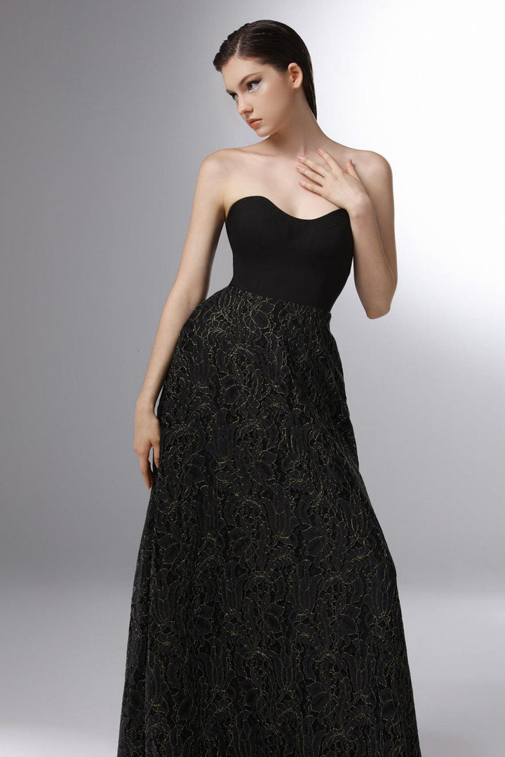 Heraldry A-line Open Shoulder Embroidered Lace Floor Length Dress - MEAN BLVD