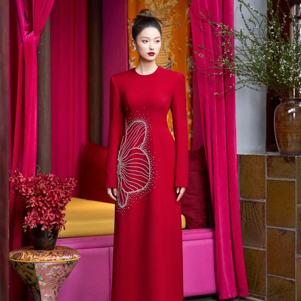 Heritg Sheath Long Sleeved Velvet Satin Floor Length Ao Dai - MEAN BLVD