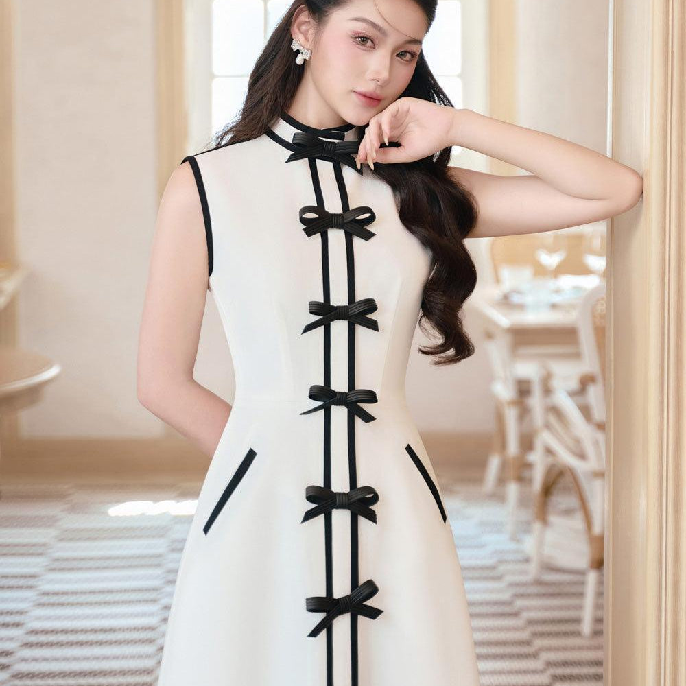 Hilary A-line Bow Linen Cotton Midi Dress - MEAN BLVD