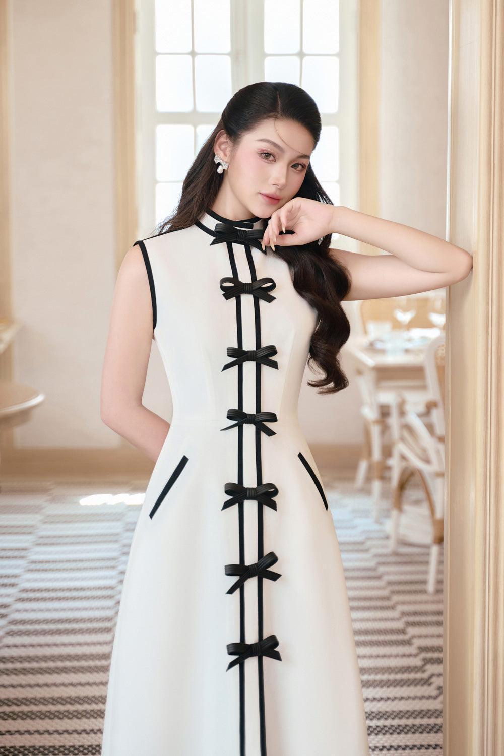 Women's Hilary A-line Bow Linen Cotton Midi Dress S/M/L/Customize Black and White MEAN BLVD Black and White / Customize