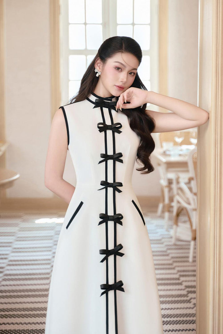 Hilary A-line Bow Linen Cotton Midi Dress - MEAN BLVD