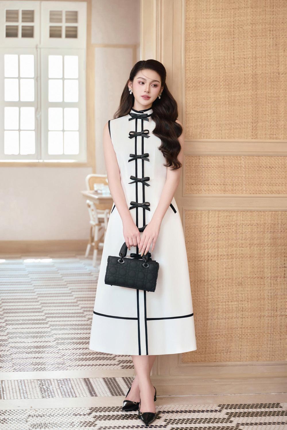 Hilary A-line Bow Linen Cotton Midi Dress - MEAN BLVD