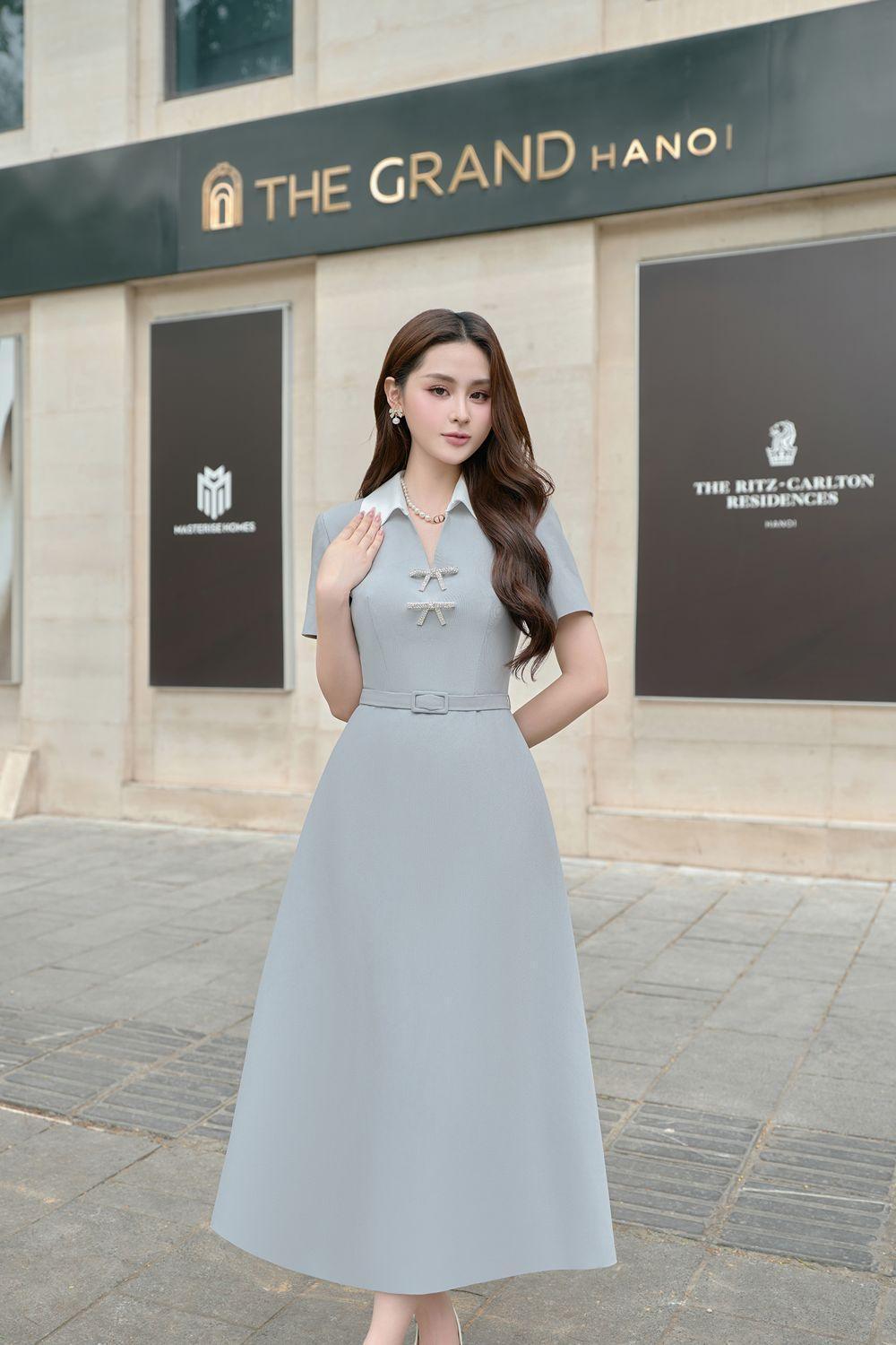 knee length dresses for ladies Women's Hilga A-Line Collared Neck Linen Cotton Midi Dress S/M/L/Customize Blue Grey Mean Blvd Blue Grey / M