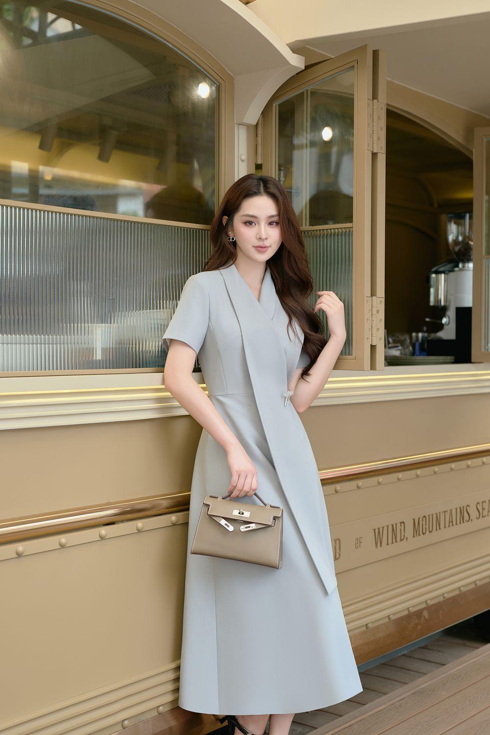 Hily A-line V-Neck Linen Cotton Midi Dress - Blue Grey / L Hily A-line V-Neck Linen Cotton Midi Dress - Blue Grey / L