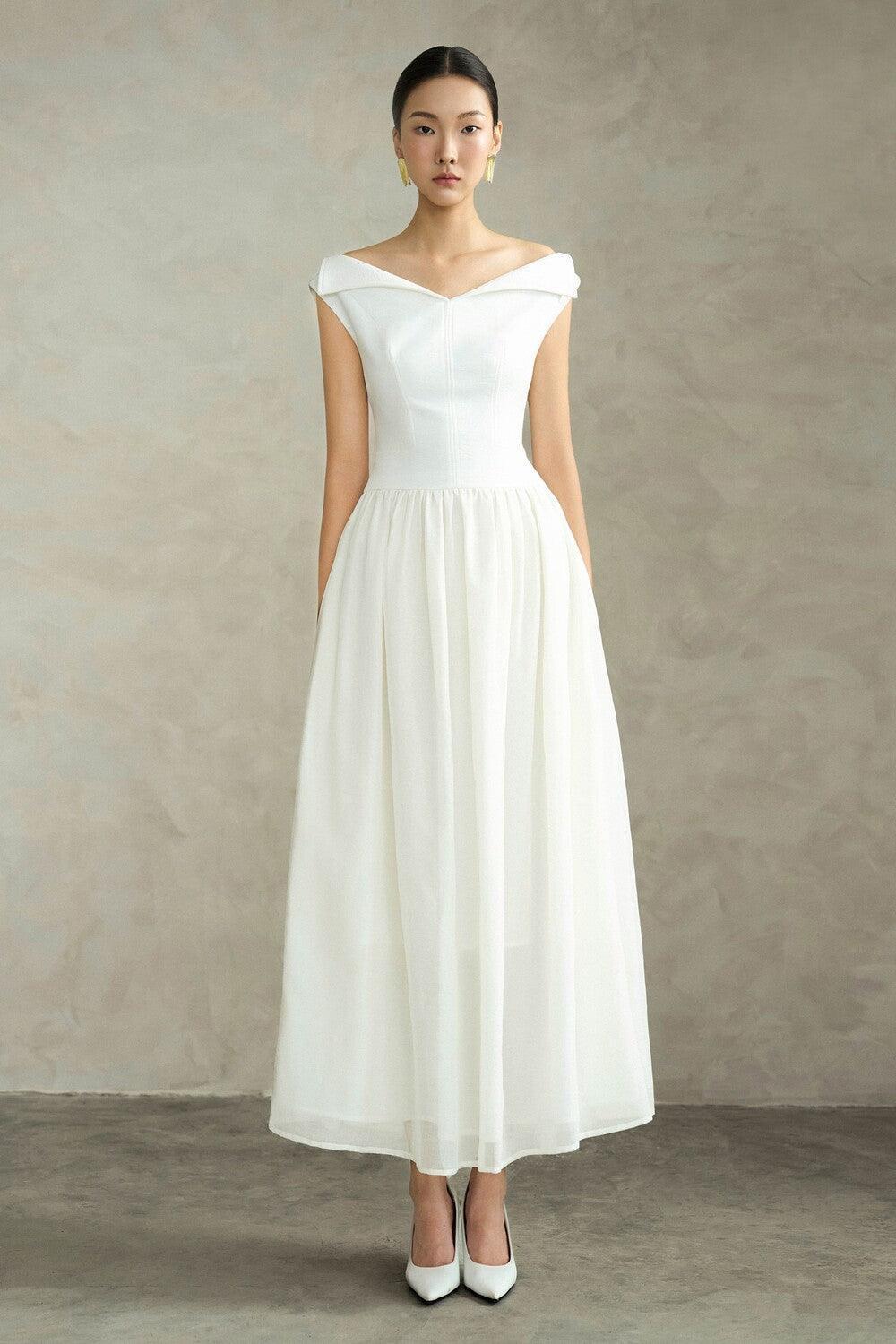 silk sailor dress Women's Hira A-line Sailor Collar Neck Silk Crepe Ankle Length Dress S/M/L/XL White MEAN BLVD White / S