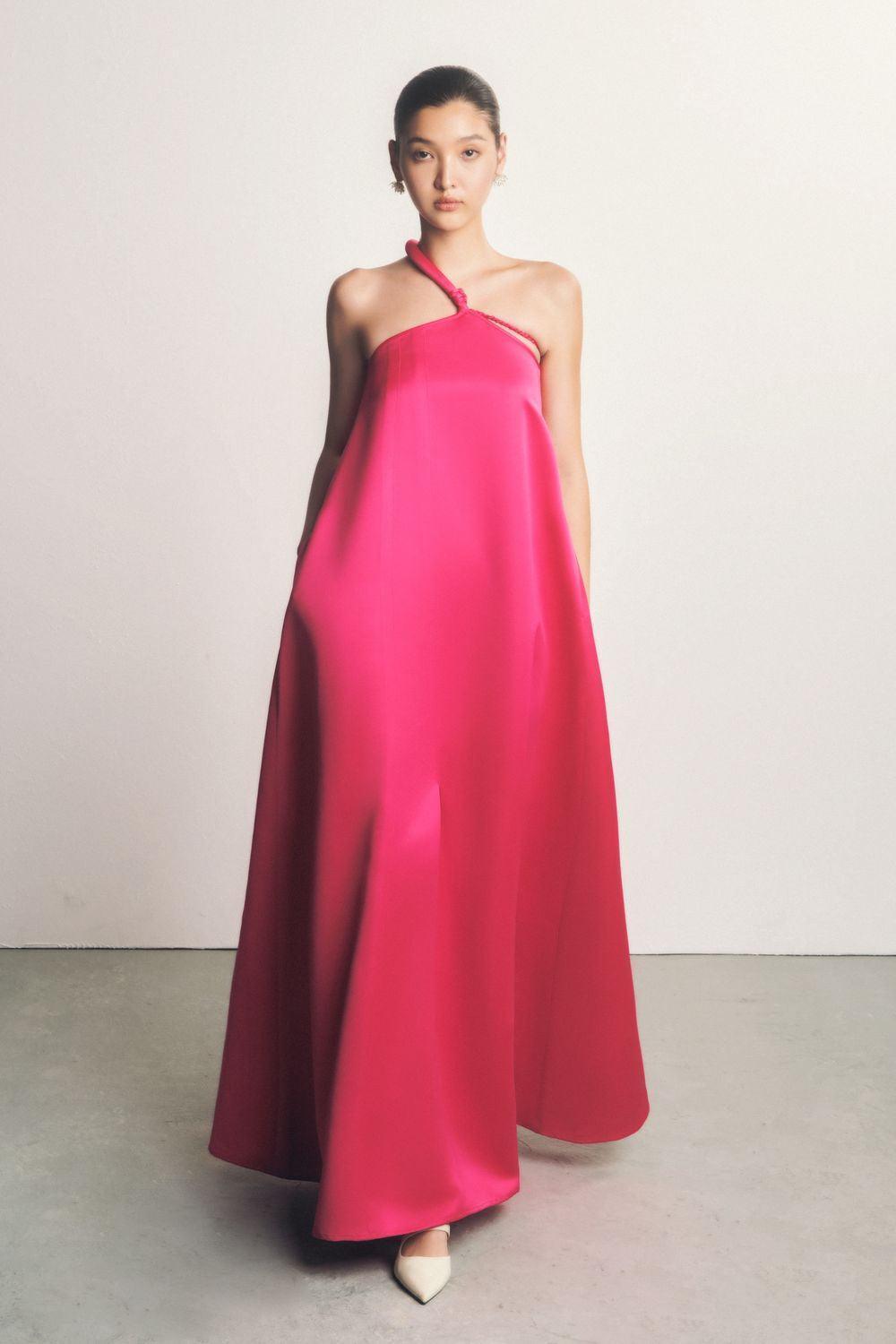 Hong Di Flared Side Pocket Duchess Satin Floor Length Dress - MEAN BLVD