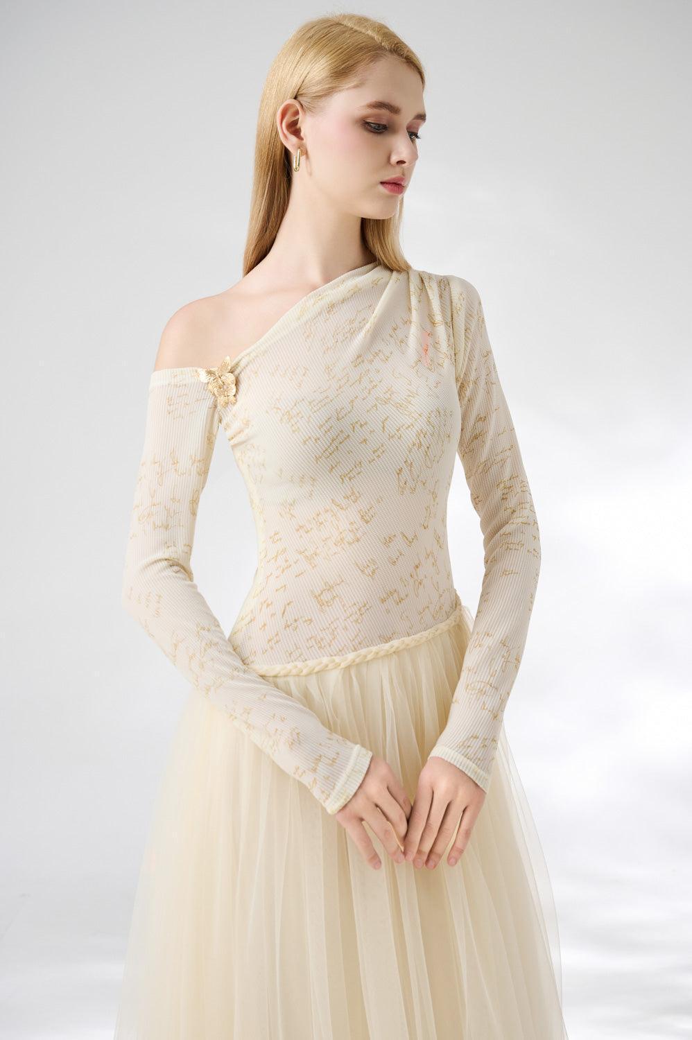 Huffman Gathered Asymmetric Sleeved Cotton Mesh Floor Length Dress - MEAN BLVD