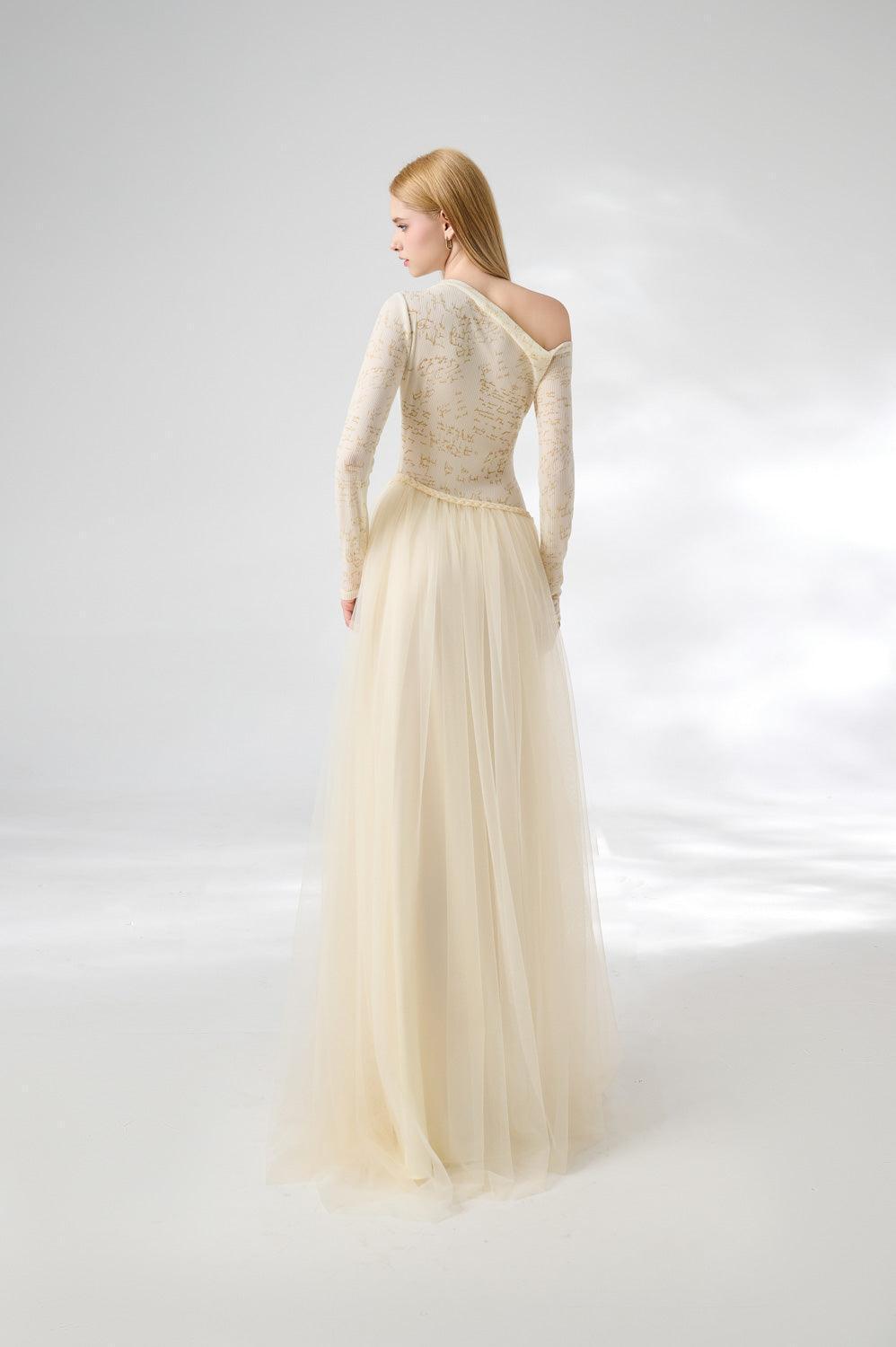 Huffman Gathered Asymmetric Sleeved Cotton Mesh Floor Length Dress - MEAN BLVD