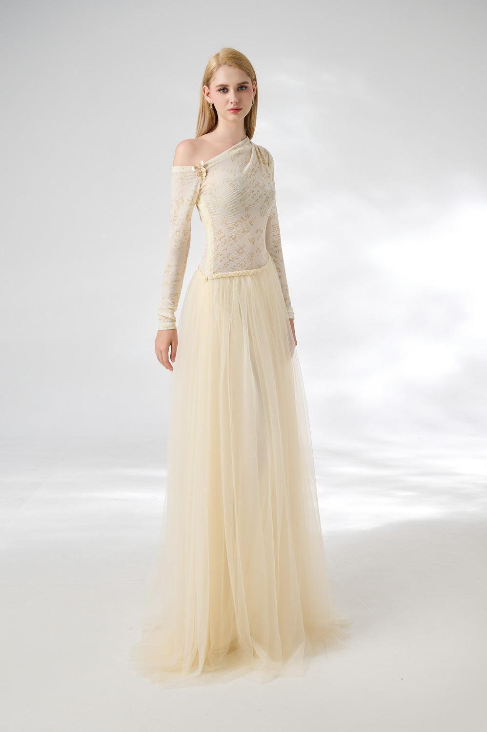 Huffman Gathered Asymmetric Sleeved Cotton Mesh Floor Length Dress - MEAN BLVD