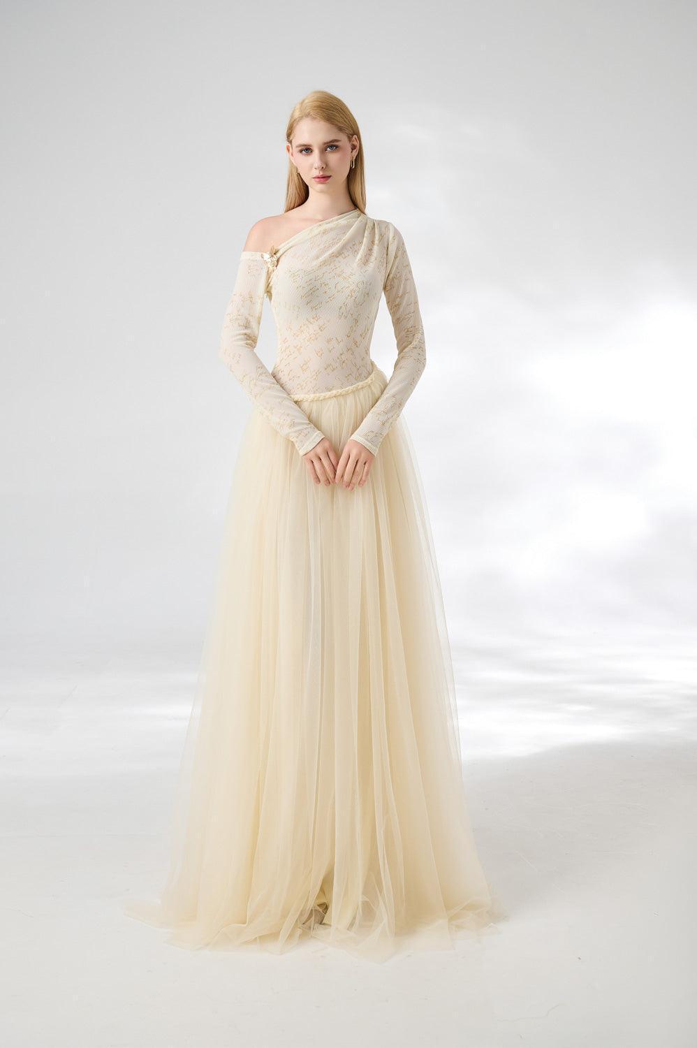 Huffman Gathered Asymmetric Sleeved Cotton Mesh Floor Length Dress - MEAN BLVD