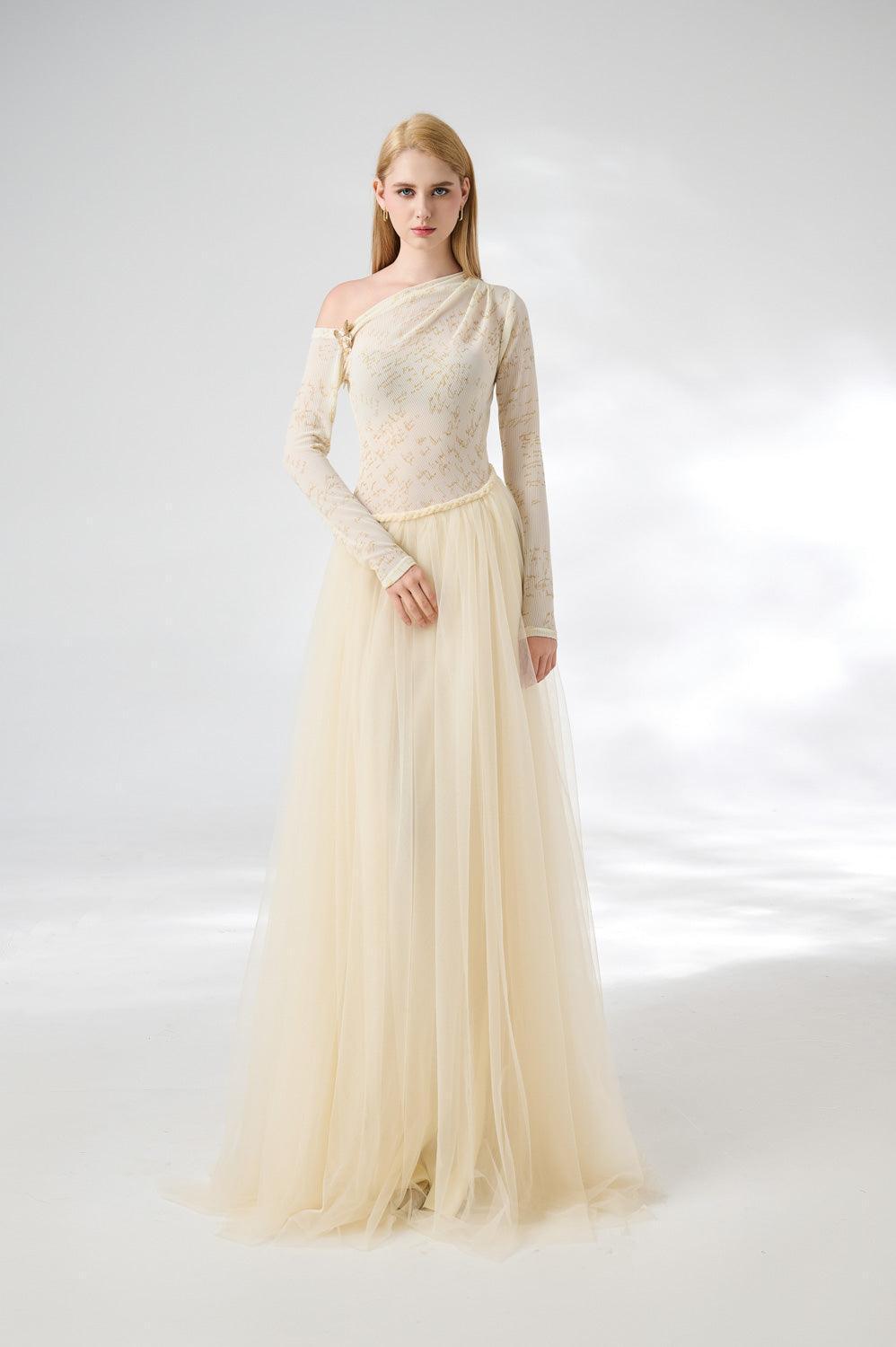 Huffman Gathered Asymmetric Sleeved Cotton Mesh Floor Length Dress - MEAN BLVD