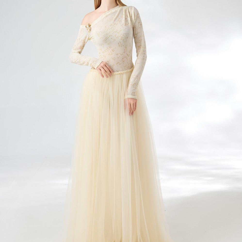 Huffman Gathered Asymmetric Sleeved Cotton Mesh Floor Length Dress - MEAN BLVD