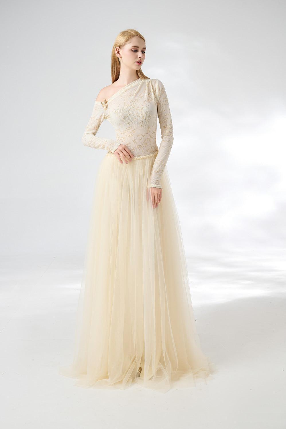 Huffman Gathered Asymmetric Sleeved Cotton Mesh Floor Length Dress - MEAN BLVD