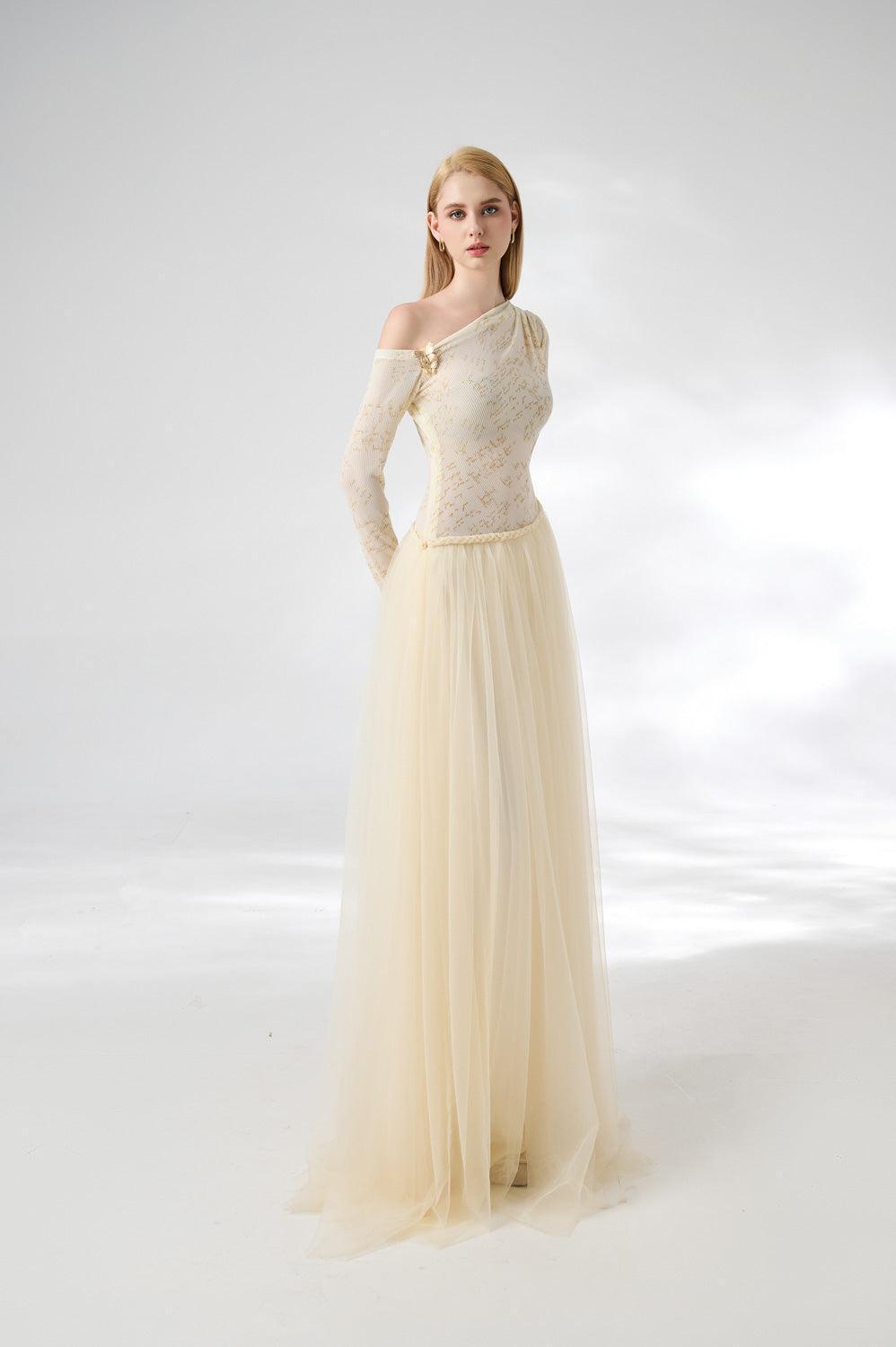 Huffman Gathered Asymmetric Sleeved Cotton Mesh Floor Length Dress - MEAN BLVD