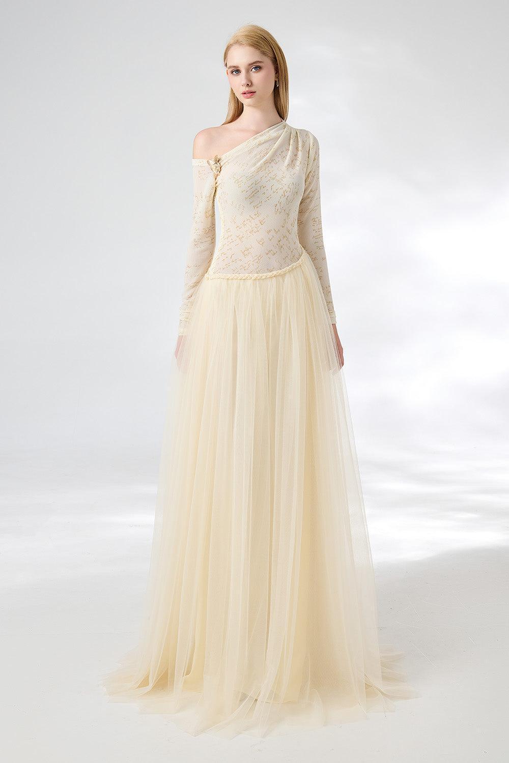 Huffman Gathered Asymmetric Sleeved Cotton Mesh Floor Length Dress - MEAN BLVD