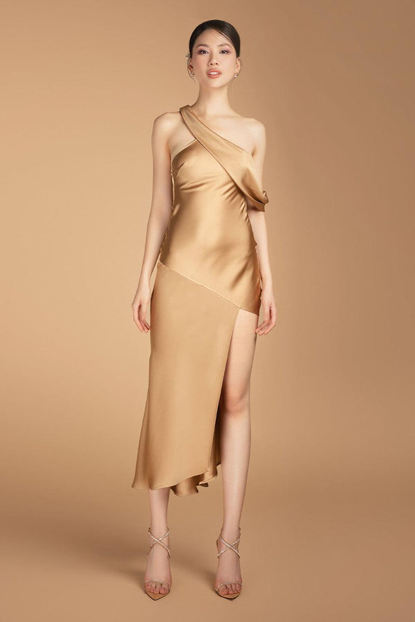Hurley Asymmetric Diagonal Neck Silk Blend Midi Dress - MEAN BLVD