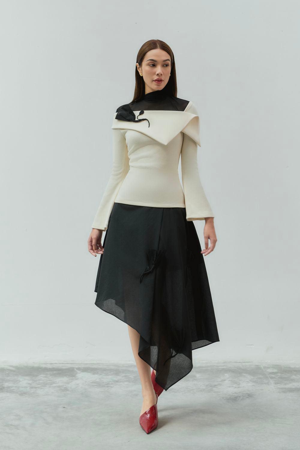 Huyen Bodycon Asymmetric Neck Elastic Ribbed Cotton Top - MEAN BLVD