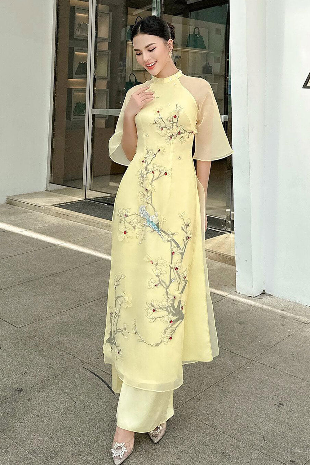 Hy Vien Middle Sleeved Ao Dai Set