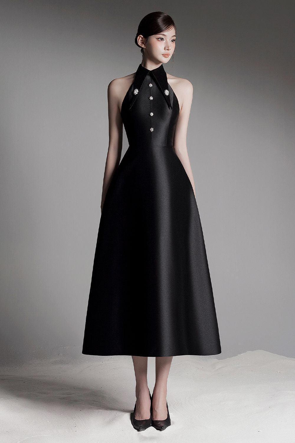 Hypatia A-line Collared Neck Taffeta Midi Dress - MEAN BLVD