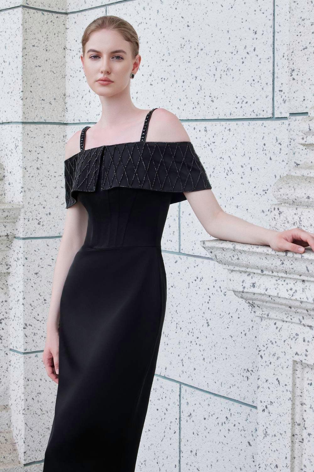 Immerse Sheath Cold Shoulder Sleeved Taffeta Silk Floor Length Dress - MEAN BLVD