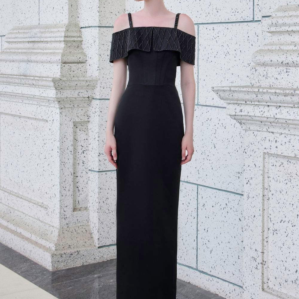 Immerse Sheath Cold Shoulder Sleeved Taffeta Silk Floor Length Dress - MEAN BLVD