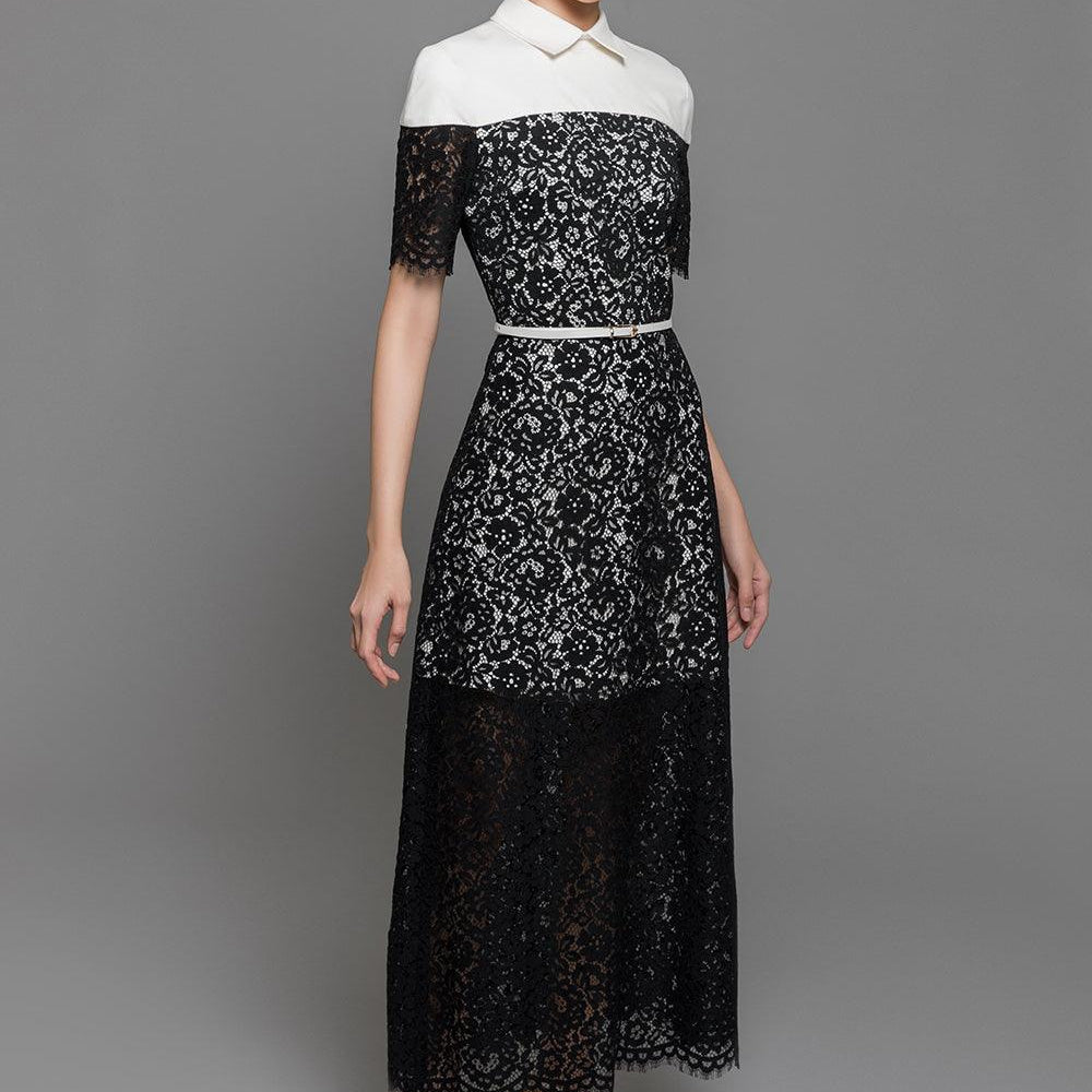 Indigo A-line Collared Neck Cotton Lace Ankle Length Dress - MEAN BLVD