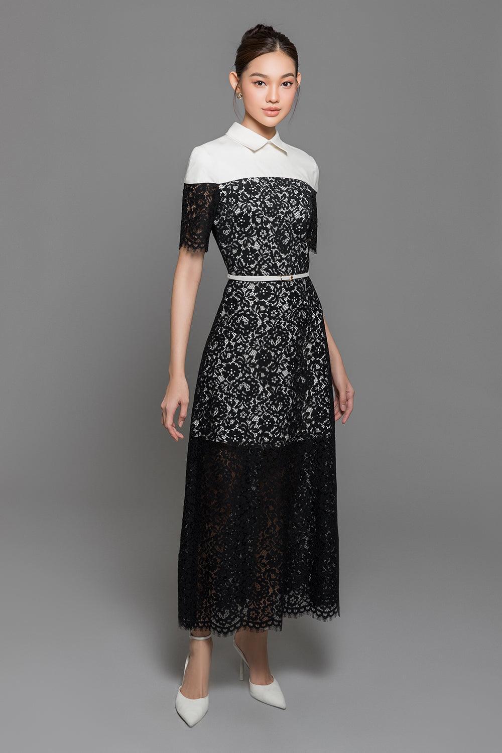 Indigo A-line Collared Neck Cotton Lace Ankle Length Dress - MEAN BLVD