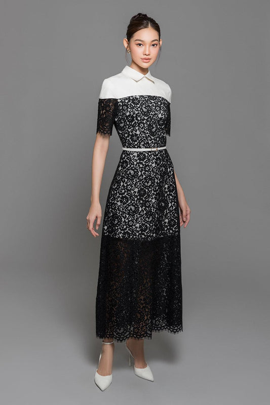 Indigo A-line Collared Neck Cotton Lace Ankle Length Dress - MEAN BLVD