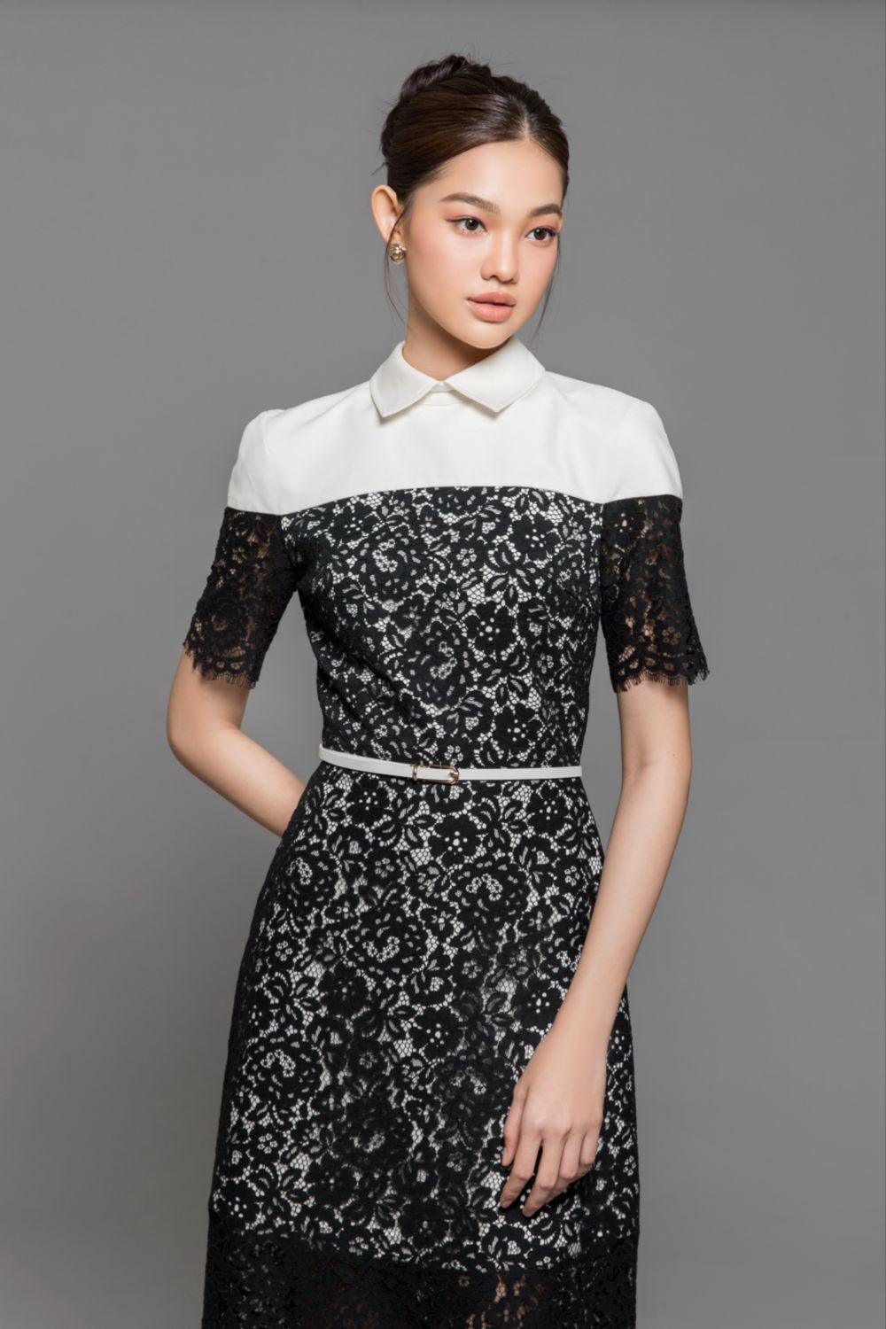 Women's Indigo A-line Collared Neck Cotton Lace Ankle Length Dress XS/S/M/L Black and White MEAN BLVD, Black and White / XS