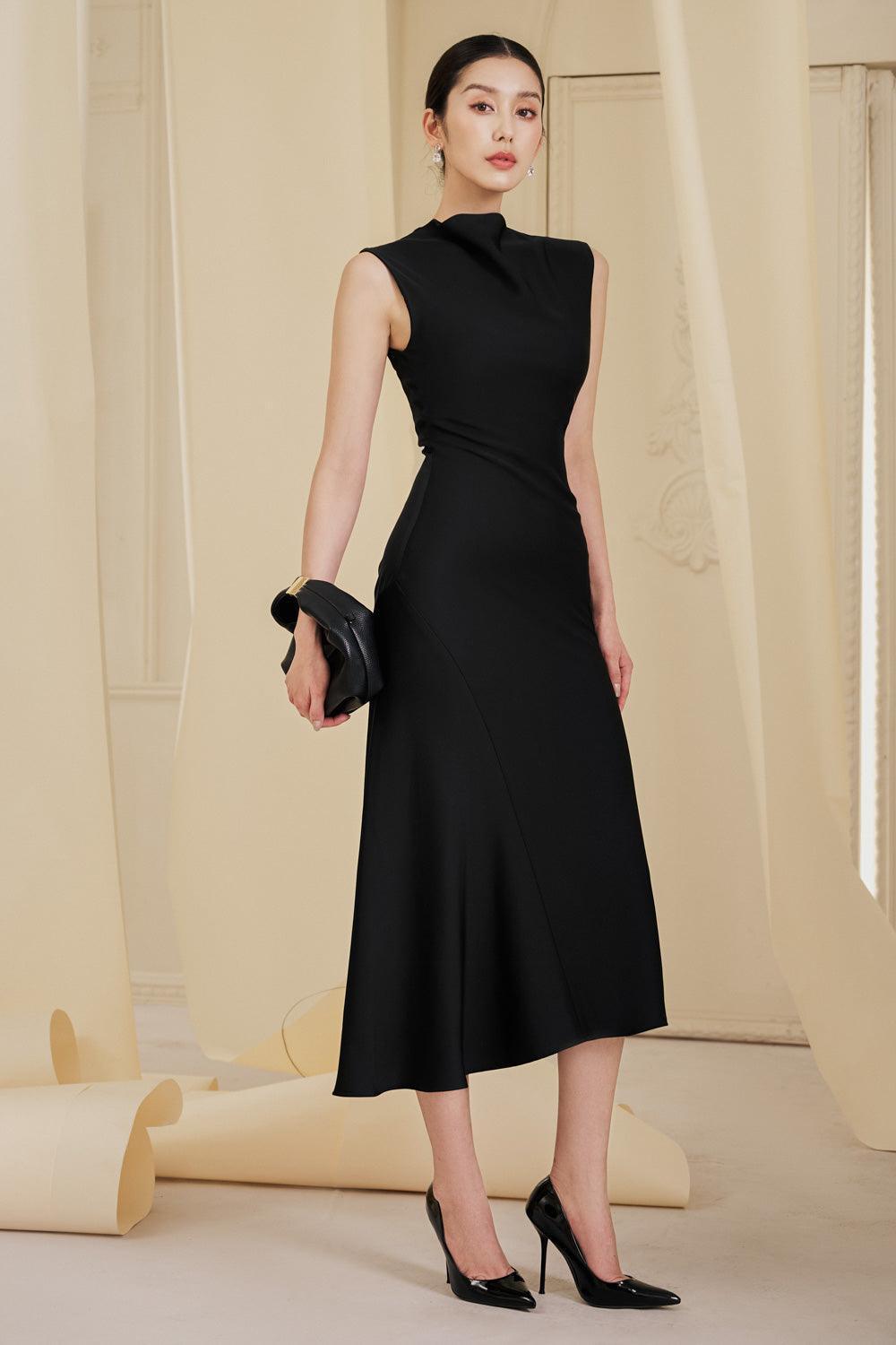 Inez A-Line Sleeveless Viscose Midi Dress - Black / L