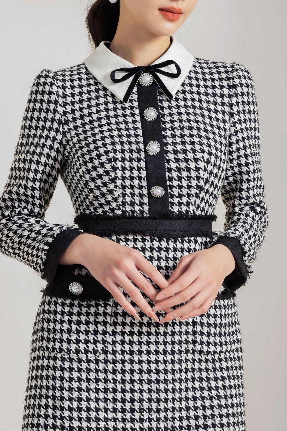 Women's Irene A-line Long Sleeved Tweed Mini Dress S/M/L/XL Black and White Houndstooth MEAN BLVD