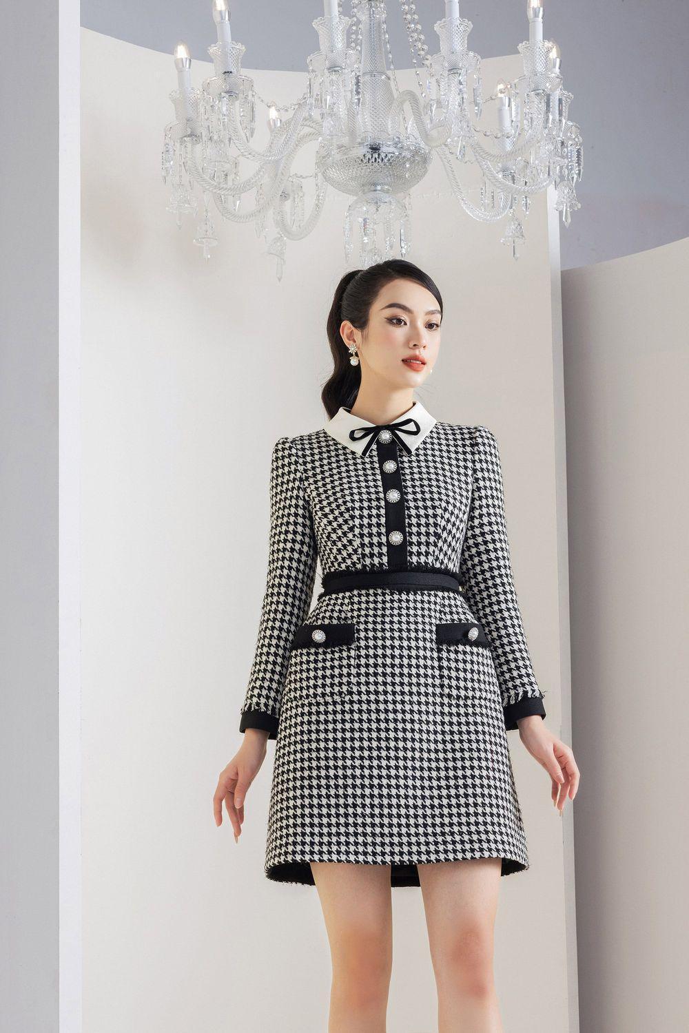 Women's Irene A-line Long Sleeved Tweed Mini Dress S/M/L/XL Black and White Houndstooth MEAN BLVD Women's Irene A-line Long Sleeved Tweed Mini Dress S/M/L/XL Black and White Houndstooth MEAN BLVD