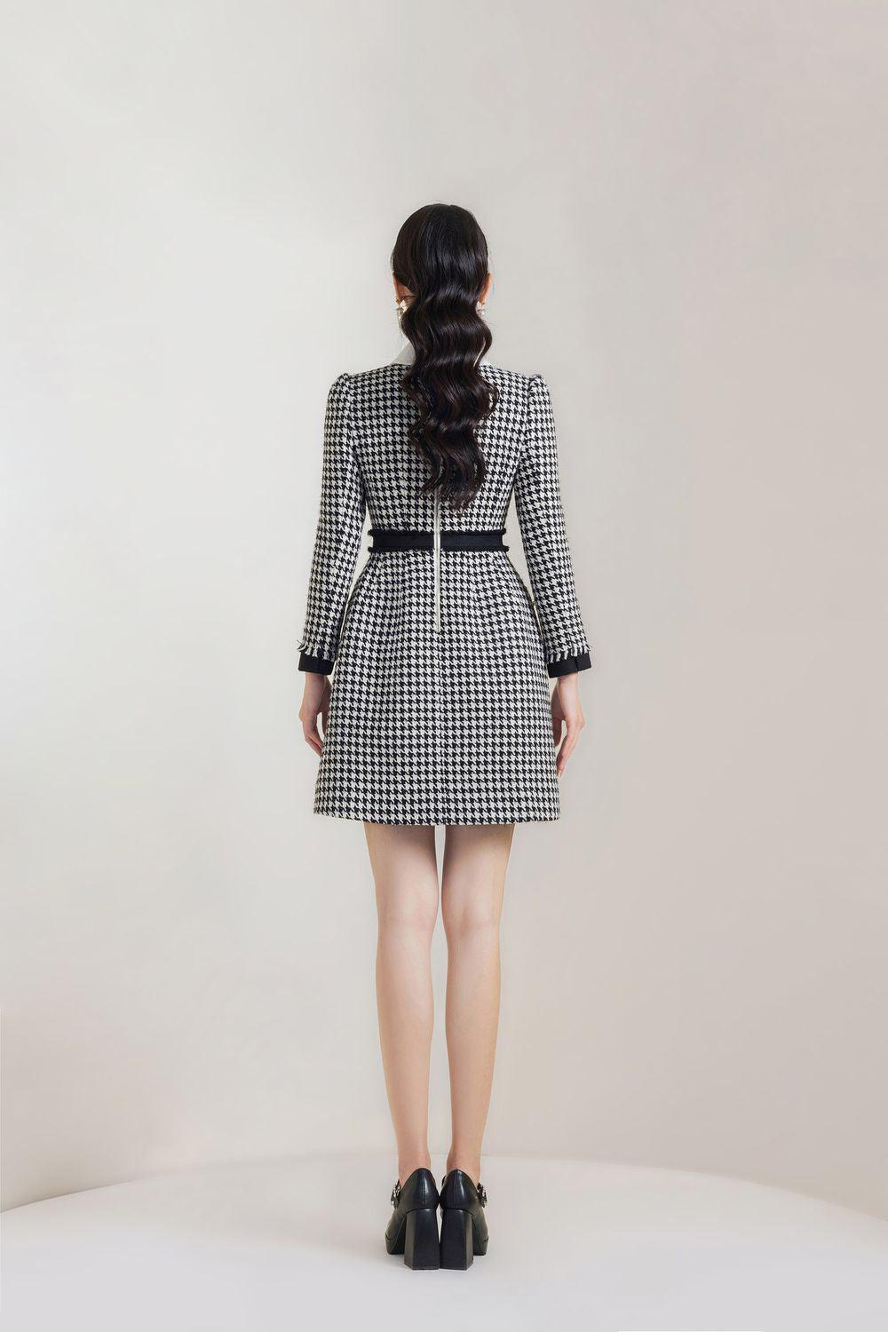 Women's Irene A-line Long Sleeved Tweed Mini Dress S/M/L/XL Black and White Houndstooth MEAN BLVD