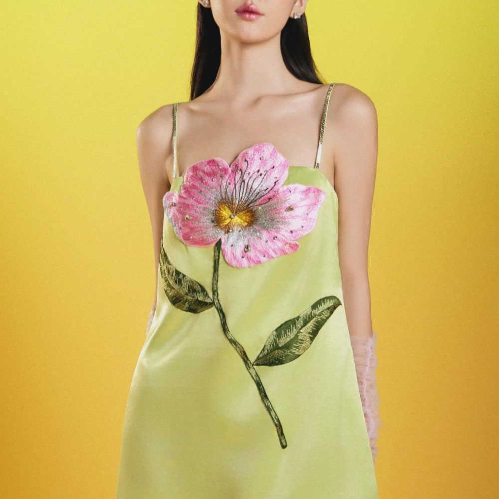 Iris Kiwi Straight Spaghetti Strap Silk Mini Dress - MEAN BLVD