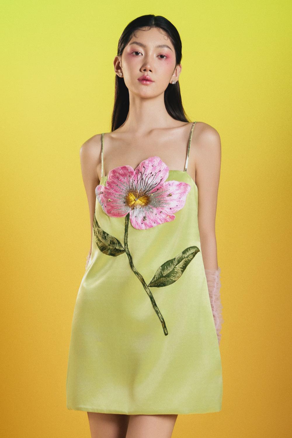 Iris Kiwi Straight Spaghetti Strap Silk Mini Dress - MEAN BLVD
