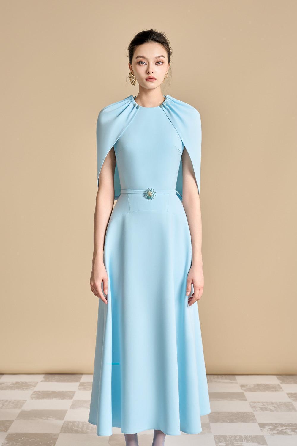Irissy A-line Round Neck Polyester Ankle Length Dress Light Blue / XL