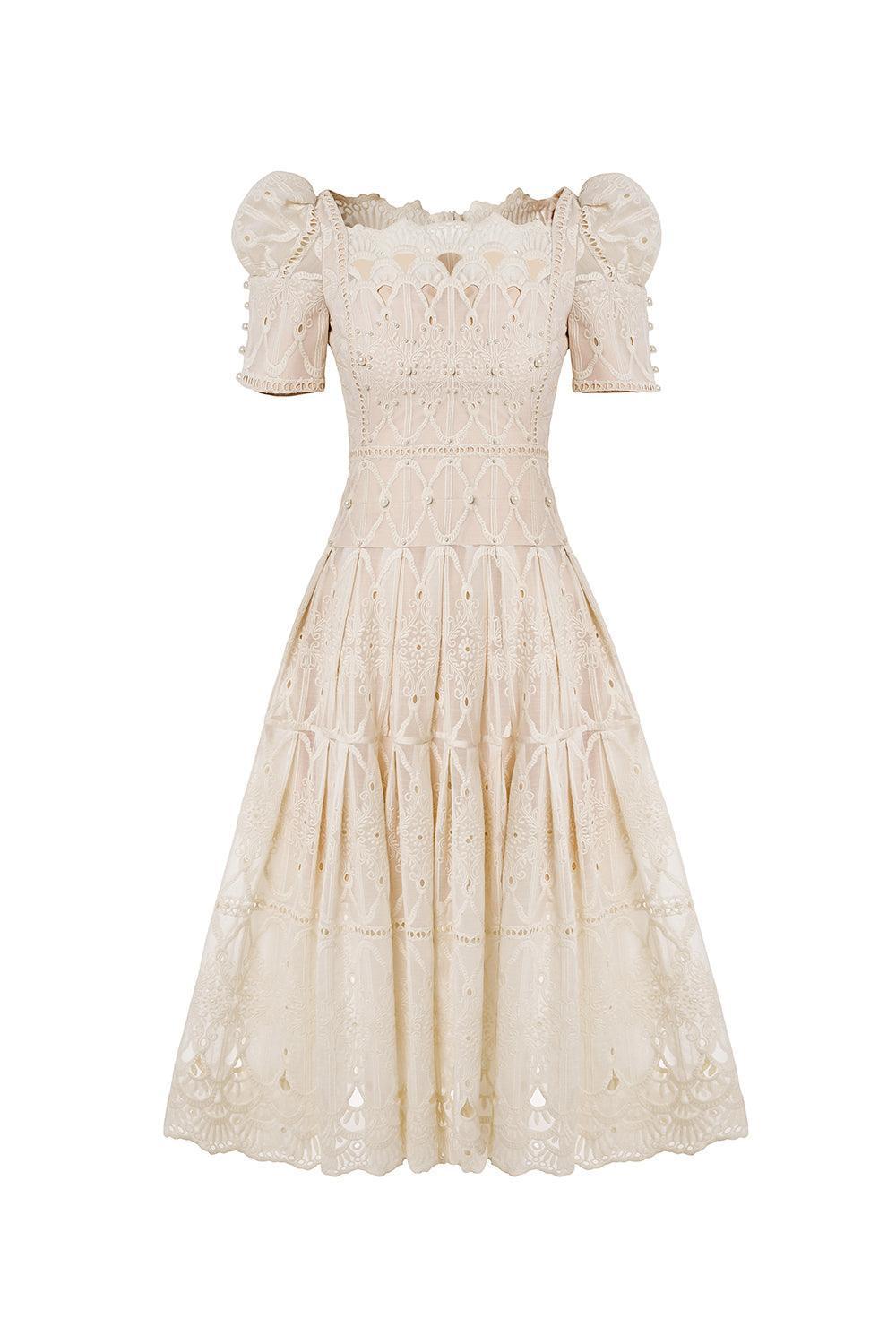 Isabella A-line Leg Of Mutton Sleeved Lace Midi Dress - MEAN BLVD