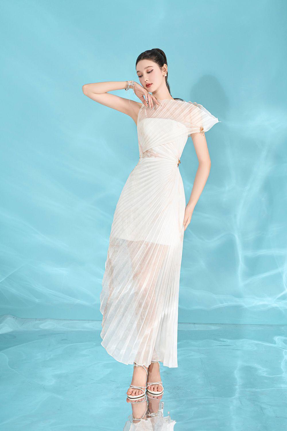 Women's Isabella Asymmetric Pleated Organza Ankle Length Dress S/M/L White MEAN BLVD White / L Women's Isabella Asymmetric Pleated Organza Ankle Length Dress S/M/L White MEAN BLVD White / L