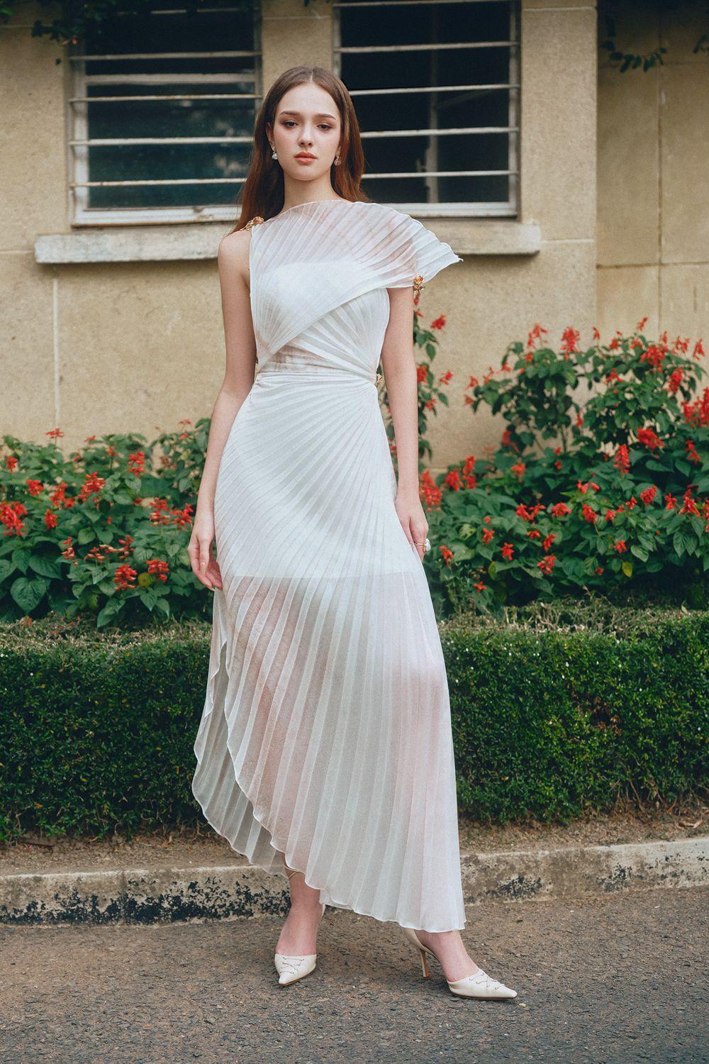 Isabella Asymmetric Pleated Organza Ankle Length Dress - White / S Isabella Asymmetric Pleated Organza Ankle Length Dress - White / S