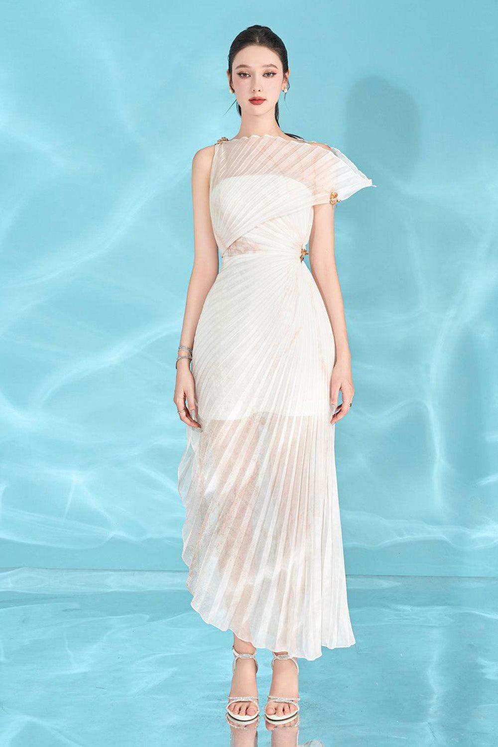 Isabella Asymmetric Pleated Organza Ankle Length Dress