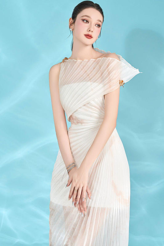 Isabella Asymmetric Pleated Organza Ankle Length Dress - MEAN BLVD