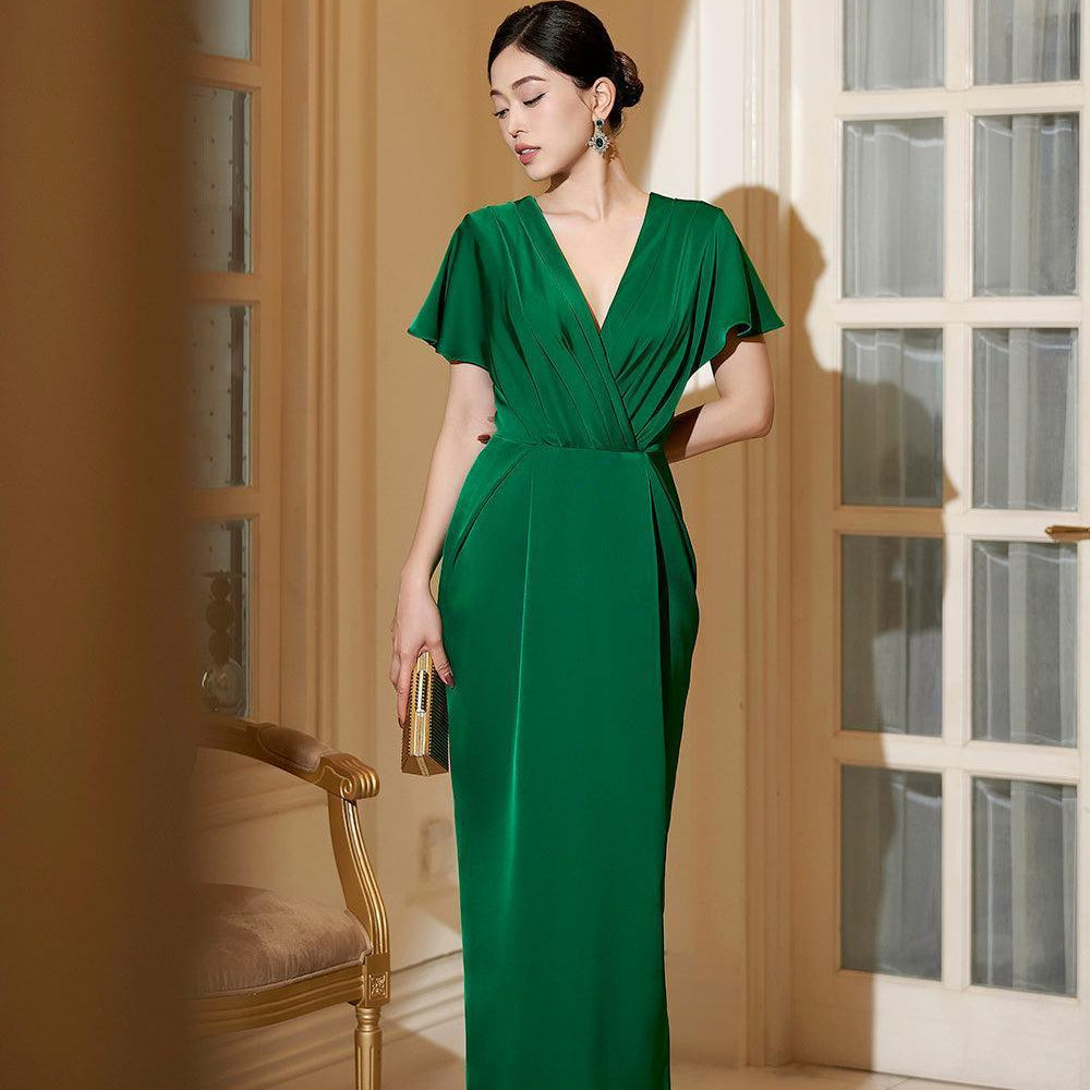 Isabella Pegged V-Neck Satin Maxi Dress - MEAN BLVD