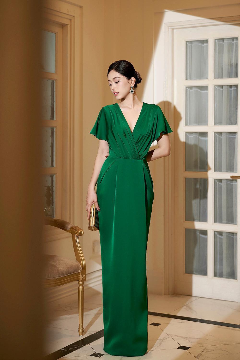 Women's Isabella Pegged V-Neck Satin Maxi Dress S/M/L/Xl Fuchsia/Dark Green Mean Blvd L / Dark Green Women's Isabella Pegged V-Neck Satin Maxi Dress S/M/L/Xl Fuchsia/Dark Green Mean Blvd L / Dark Green