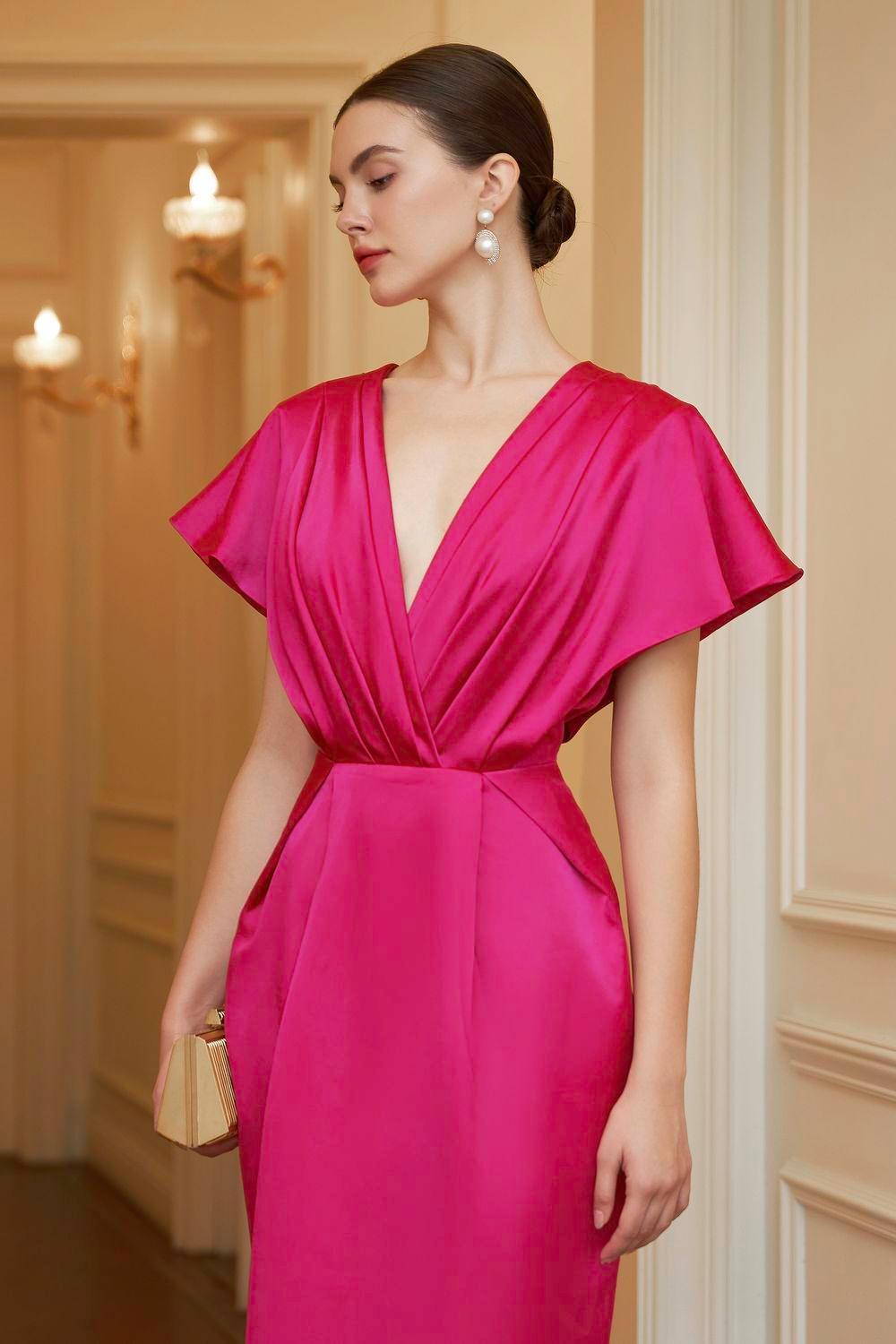 Women's Isabella Pegged V-Neck Satin Maxi Dress S/M/L/Xl Fuchsia/Dark Green Mean Blvd L / Dark Green Women's Isabella Pegged V-Neck Satin Maxi Dress S/M/L/Xl Fuchsia/Dark Green Mean Blvd L / Dark Green