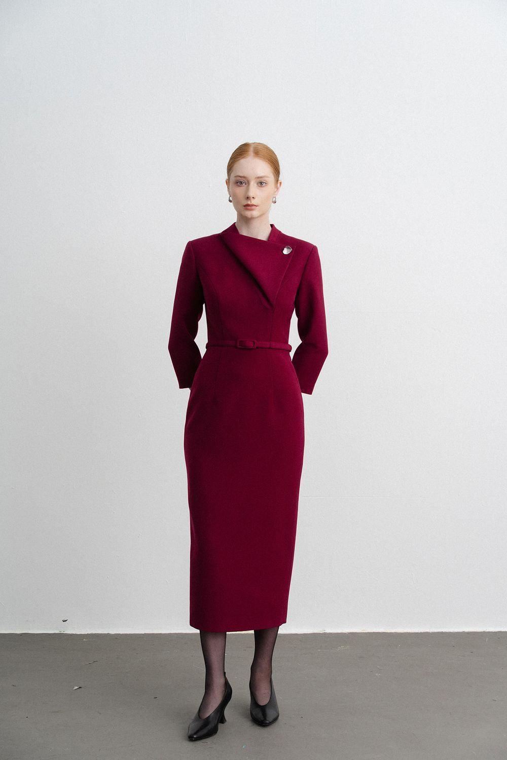 Women's Isabella Pencil Asymmetric Neck Polycotton Midi Dress S/M/L Red/Cream MEAN BLVD M / Red