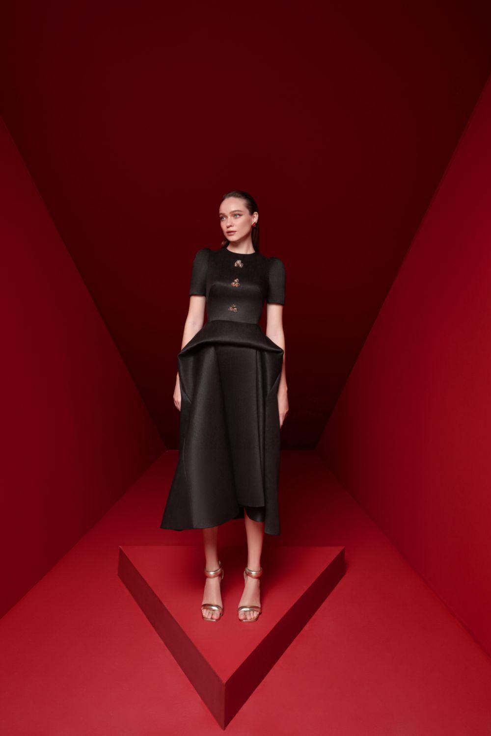 Isabella Peplum Puffy Sleeved Taffeta Midi Dress - MEAN BLVD