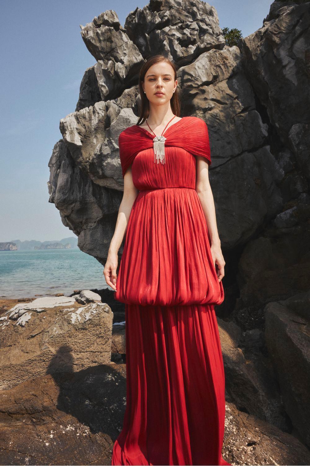 Isabelle Balloon Off-Shoulder Chiffon Floor Length Dress Customize / Red