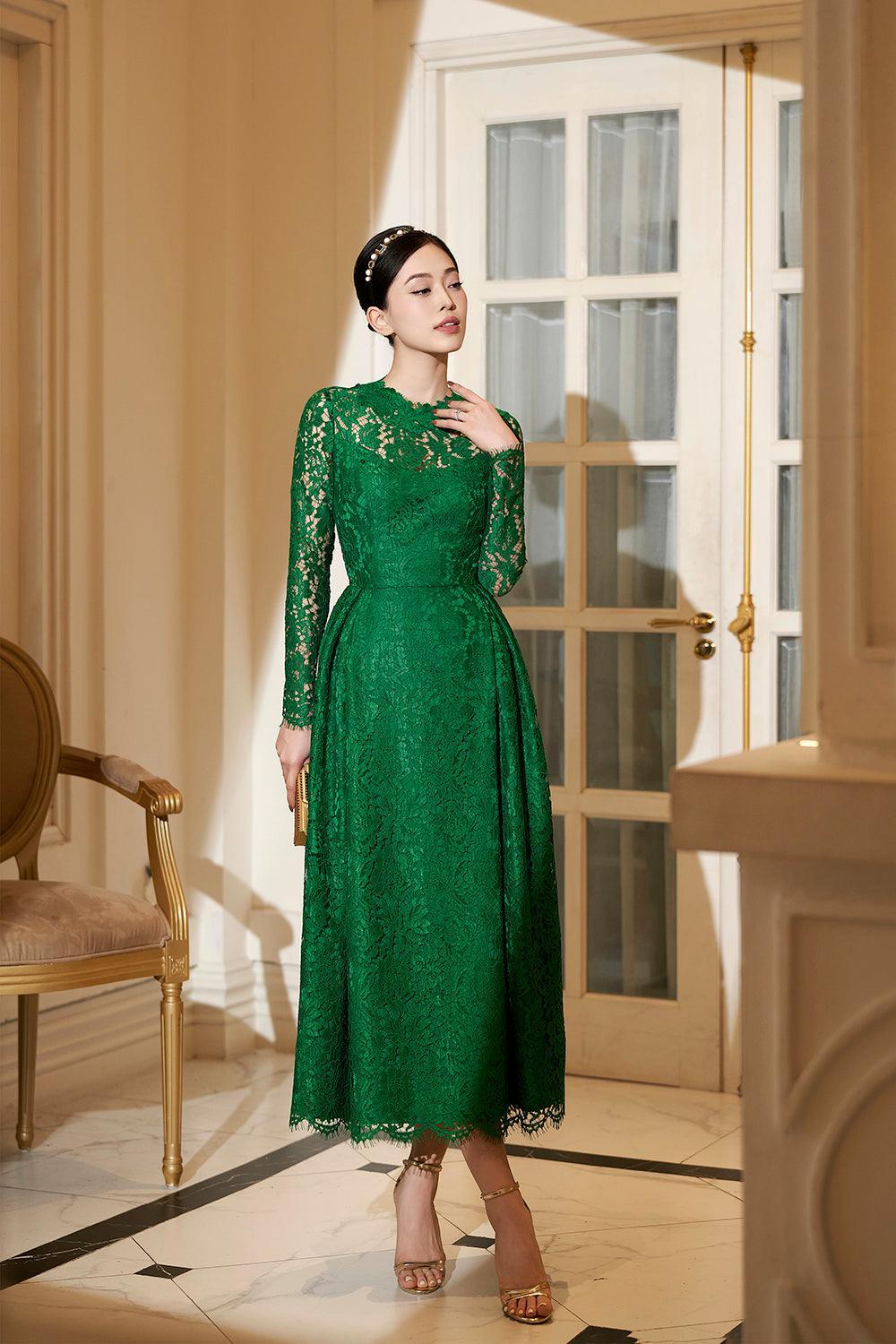 Women's Isadora A-Line Long Sleeved Lace Midi Dress S/M/L/Xl Dark Green Mean Blvd Dark Green / M Women's Isadora A-Line Long Sleeved Lace Midi Dress S/M/L/Xl Dark Green Mean Blvd Dark Green / M