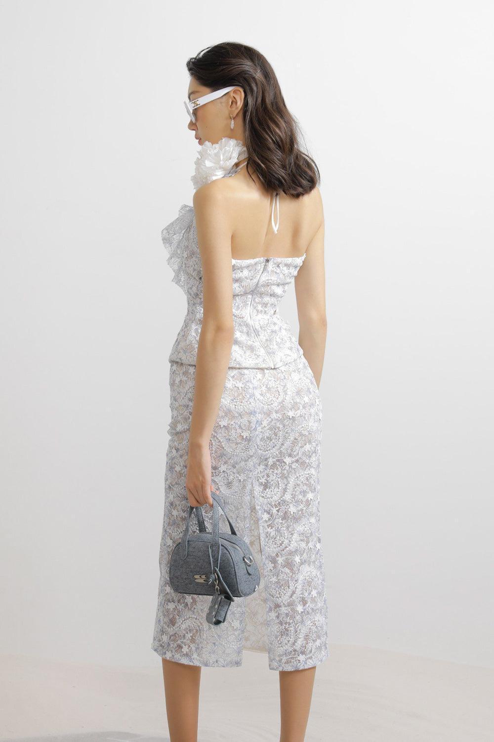 Isaias Pencil Back Slit Embroidered Lace Midi Skirt - MEAN BLVD